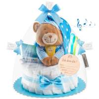 Windeltorte mit Spieluhr (2-stöckig/baby-blau) für JUNGEN